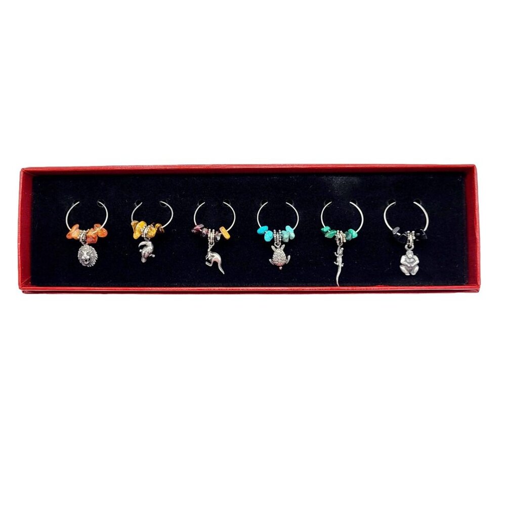 Neiman Marcus Wine Charms Tags Sterling Silver Semi Precious Stones Safari New